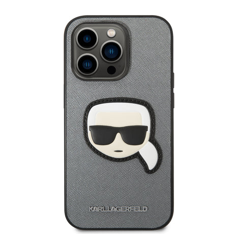 Husa de protectie Karl Lagerfeld Saffiano (KLHCP14XSAPKHG) compatibil cu iPhone 14 Pro Max, Argintiu Karl`S Head