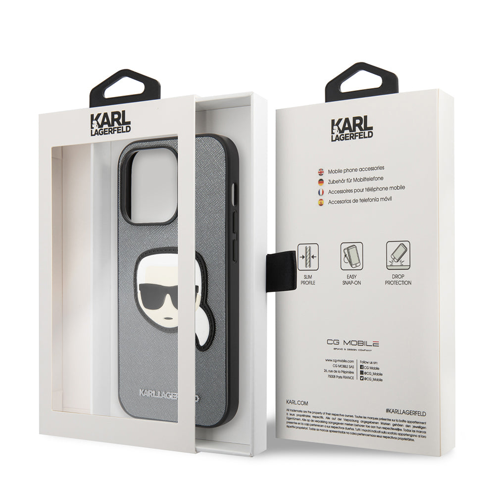 Husa de protectie Karl Lagerfeld Saffiano (KLHCP14XSAPKHG) compatibil cu iPhone 14 Pro Max, Argintiu Karl`S Head