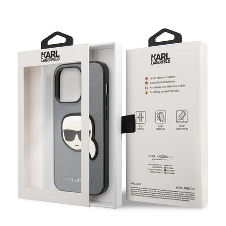Husa de protectie Karl Lagerfeld Saffiano (KLHCP14XSAPKHG) compatibil cu iPhone 14 Pro Max, Argintiu Karl`S Head