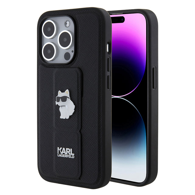 Husa de protectie Karl Lagerfeld Saffiano Gripstand (KLHCP15LGSACHPK) compatibil cu iPhone 15 Pro, Choupette Pins