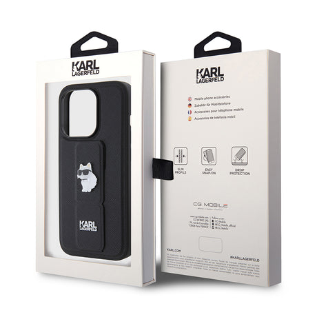 Husa de protectie Karl Lagerfeld Saffiano Gripstand (KLHCP15LGSACHPK) compatibil cu iPhone 15 Pro, Choupette Pins