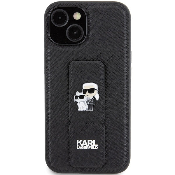 Husa de protectie Karl Lagerfeld Saffiano Gripstand (KLHCP15MGSAKCPK) compatibil cu iPhone 15 Plus, Karl&Choupette Pins