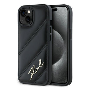 Karl Lagerfeld Diagonal Quilted Script fekete tok iPhone 15 készülékhez