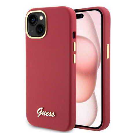 Husă Guess Silicone Script Metal Logo & Frame roșie pentru iPhone 15