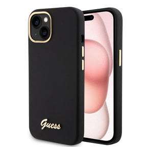 Husa de protectie Guess Silicone Script Metal Logo & Frame (GUHCP15SSMBSLK) compatibil cu iPhone 15, Negru