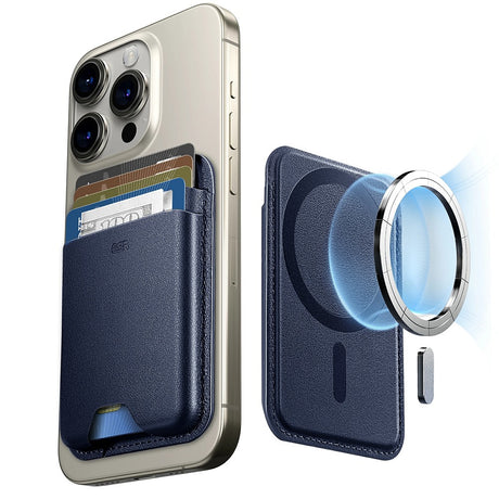 Suport ESR Premium Wallet Boost MagSafe (2K63803), Smart 4 Cards Storage, Made from Artificial Leather, Albastru Inchis