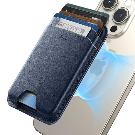 Suport ESR Premium Wallet Boost MagSafe (2K63803), Smart 4 Cards Storage, Made from Artificial Leather, Albastru Inchis
