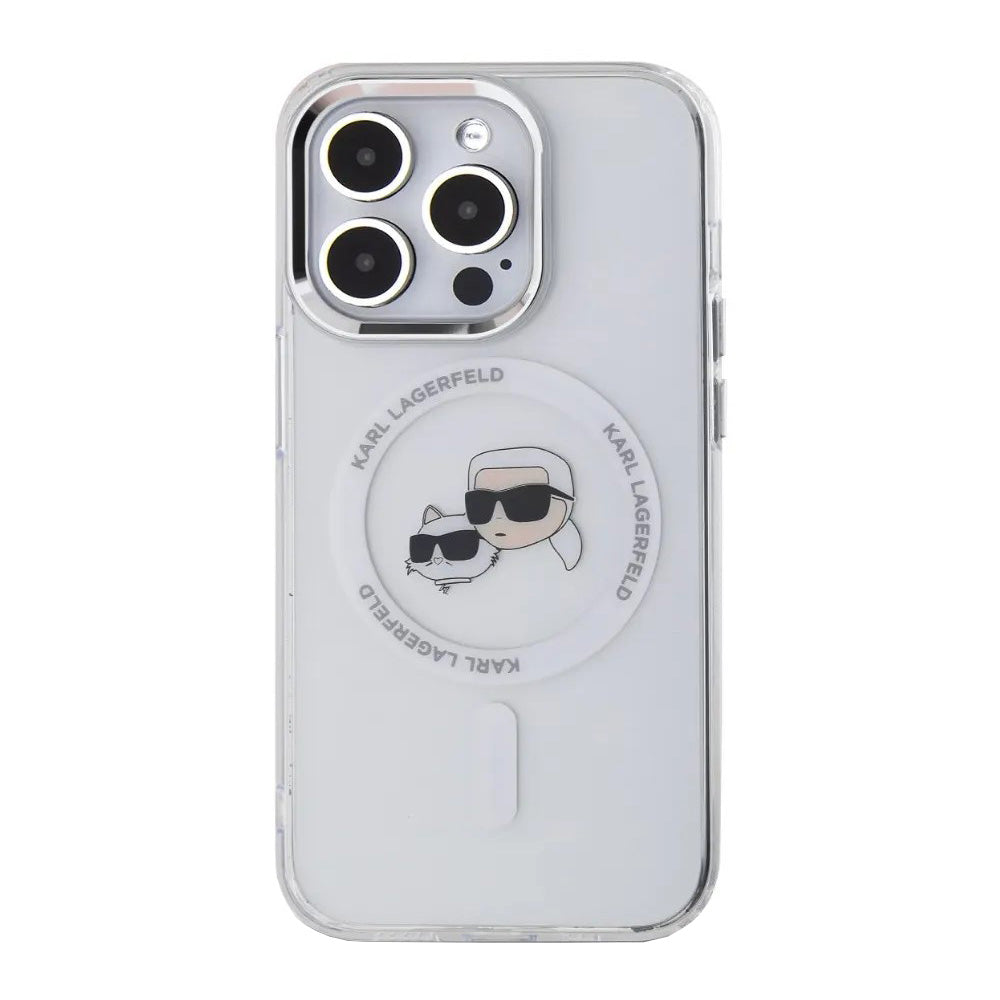 Husa de protectie Karl Lagerfeld IML MagSafe (KLHMP14LHLSKCH) compatibil cu iPhone 14 Pro, Alb Metal Karl&Choupette Head