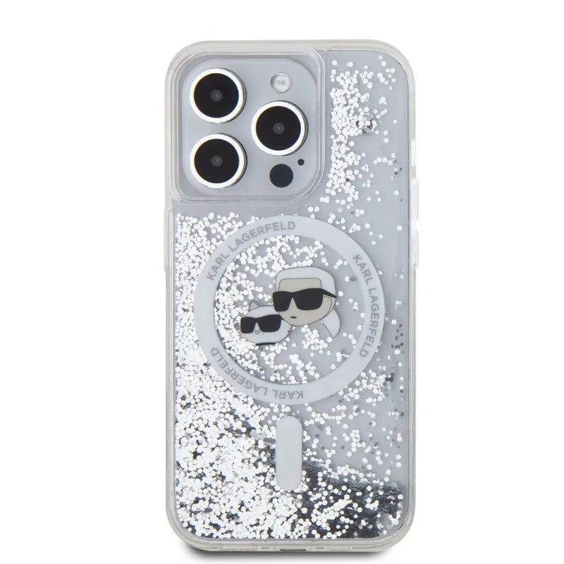 Husa de protectie Karl Lagerfeld Liquid Glitter MagSafe (KLHMP15XLGKCSGH) compatibil cu iPhone 15 Pro Max, Transparent Karl&Choupette Head