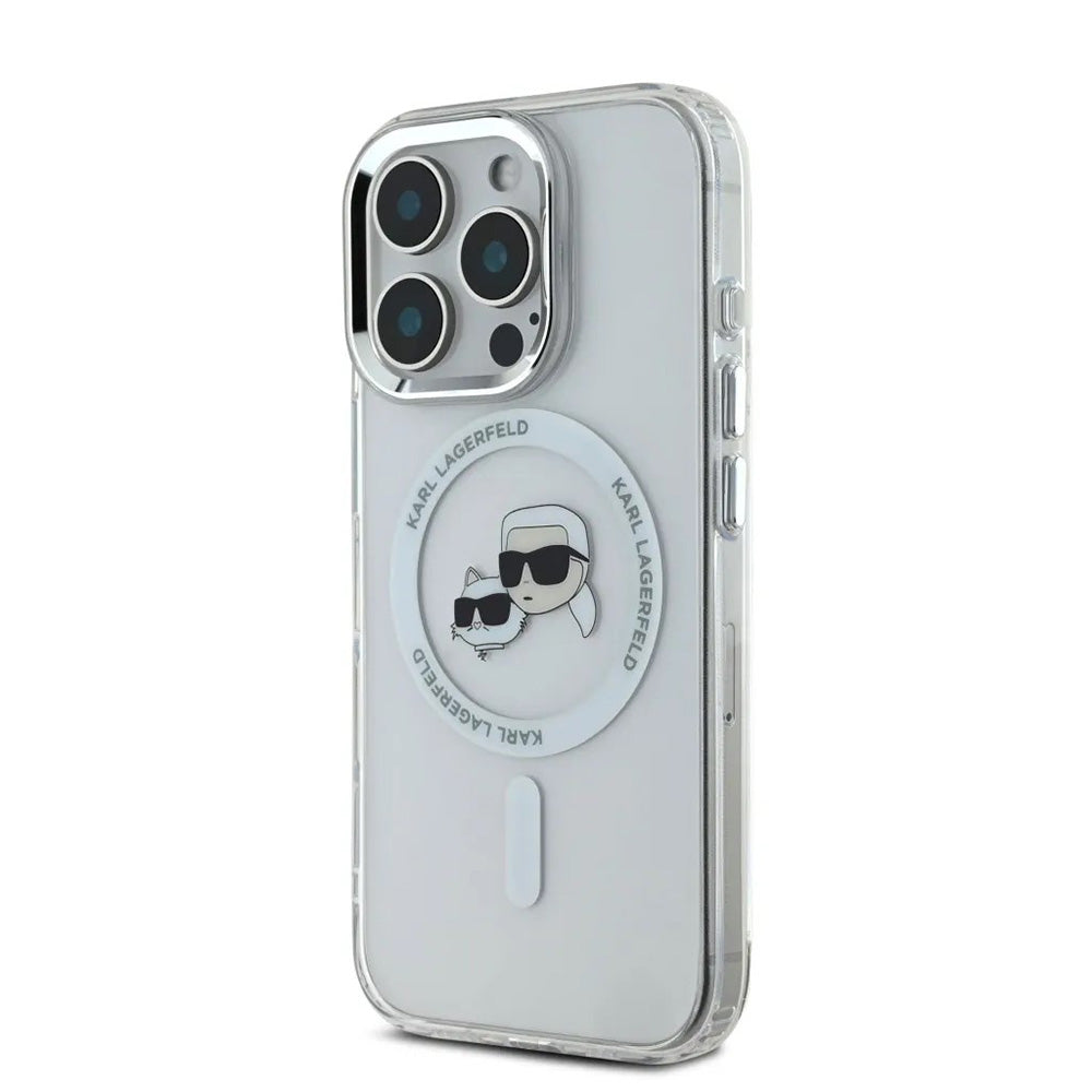 Husa de protectie Karl Lagerfeld IML MagSafe (KLHMP16LHLSKCH) compatibil cu iPhone 16 Pro, Alb Metal Karl&Choupette Head