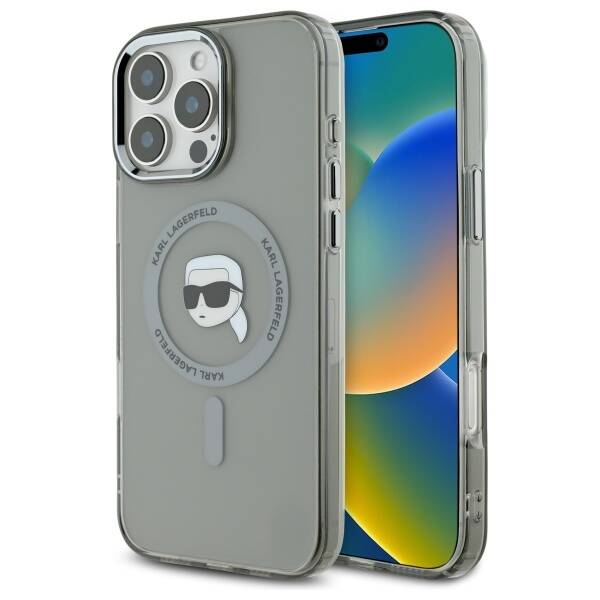 Husa de protectie Karl Lagerfeld IML MagSafe (KLHMP16LHLSKIK) compatibil cu iPhone 16 Pro, Metal Karl`s Head
