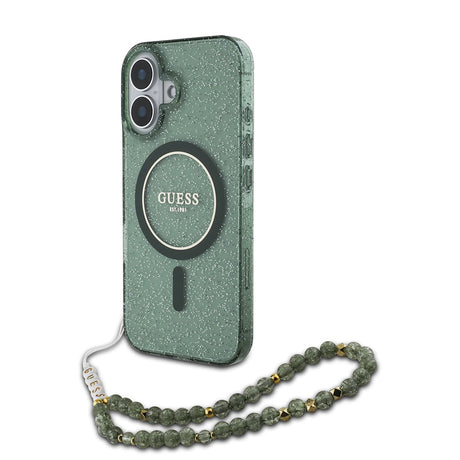 Husa de protectie Guess IML Glitter with Pearl Strap MagSafe (GUHMP16MHGCRELSA) compatibil cu iPhone 16 Plus, Verde