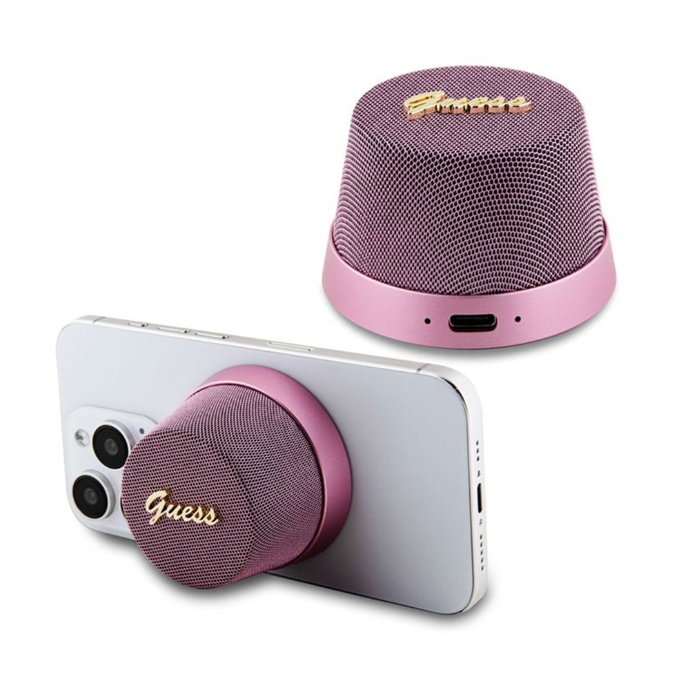 Casti Guess Speaker Stand Magnetic Script Metal (GUWSC3ALSMP), TWS, USB-C, Bluetooth V5.3, 700mAh, 3W, Roz