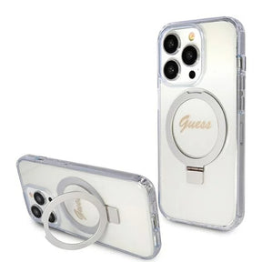 Husa de protectie Guess Ring Stand Script Glitter MagSafe (GUHMP15LHRSGSD) compatibil cu iPhone 15 Pro, Transparent