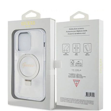 Husa de protectie Guess Ring Stand Script Glitter MagSafe (GUHMP15LHRSGSD) compatibil cu iPhone 15 Pro, Transparent