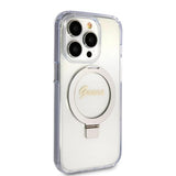 Husa de protectie Guess Ring Stand Script Glitter MagSafe (GUHMP15LHRSGSD) compatibil cu iPhone 15 Pro, Transparent