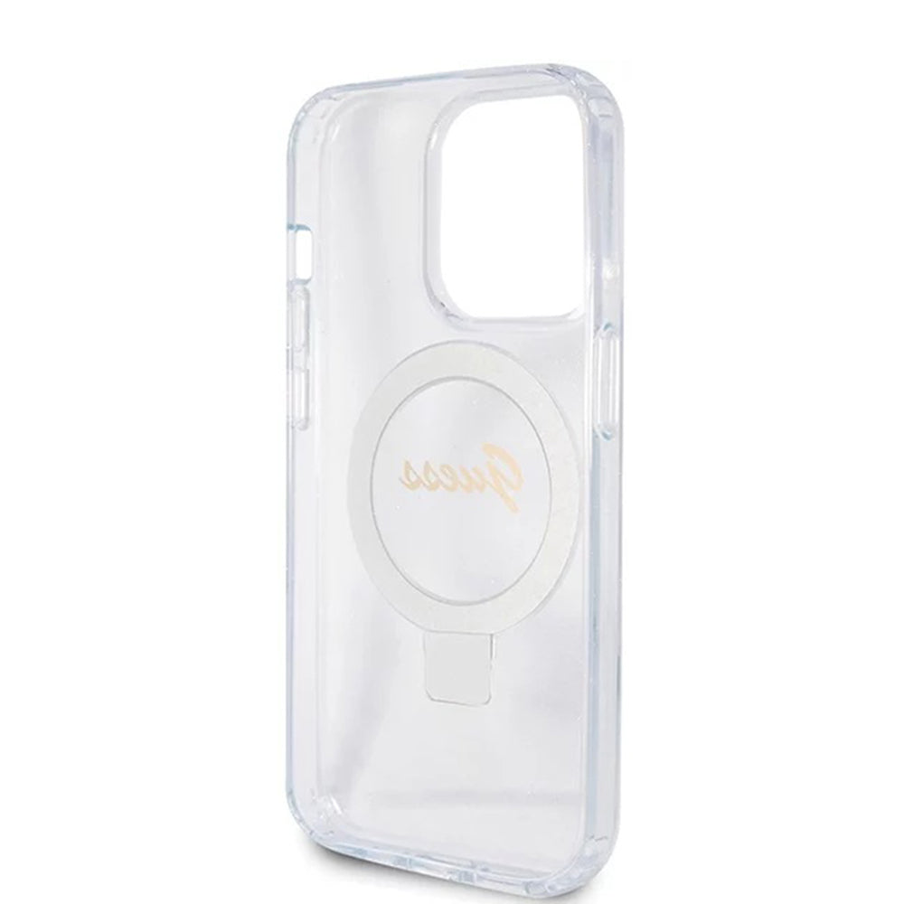 Husa de protectie Guess Ring Stand Script Glitter MagSafe (GUHMP15LHRSGSD) compatibil cu iPhone 15 Pro, Transparent