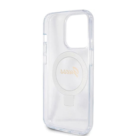 Husa de protectie Guess Ring Stand Script Glitter MagSafe (GUHMP15LHRSGSD) compatibil cu iPhone 15 Pro, Transparent