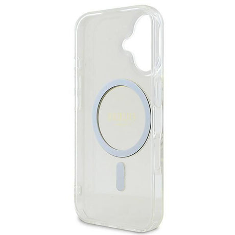Husa de protectie Guess IML Glitter Circle MagSafe (GUHMP16SHFGERET) compatibil cu iPhone 16, Transparent