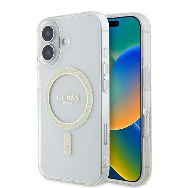 Husa de protectie Guess IML Glitter Circle MagSafe (GUHMP16SHFGERET) compatibil cu iPhone 16, Transparent