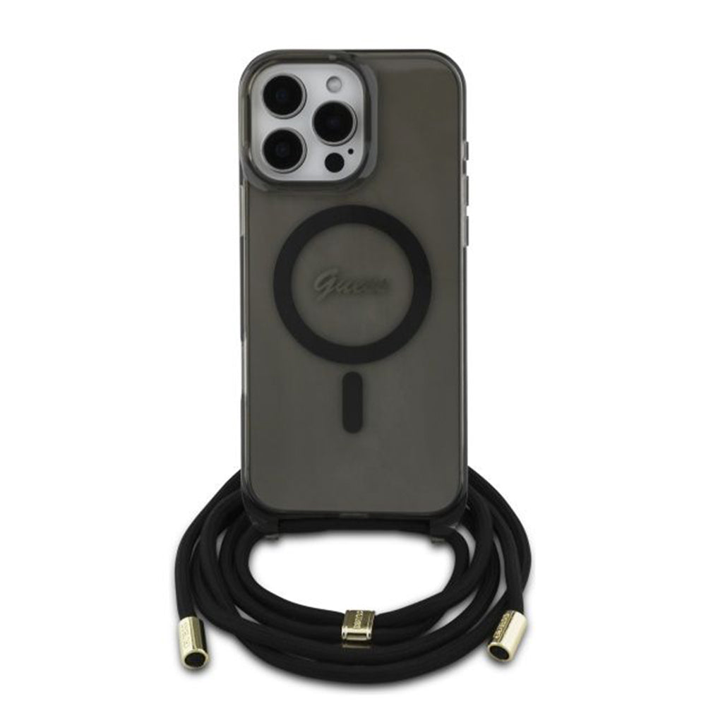 Husa de protectie Guess IML Crossbody Cord Script MagSafe (GUHMP16LHCTSGNSK) compatibil cu iPhone 16 Pro, Negru