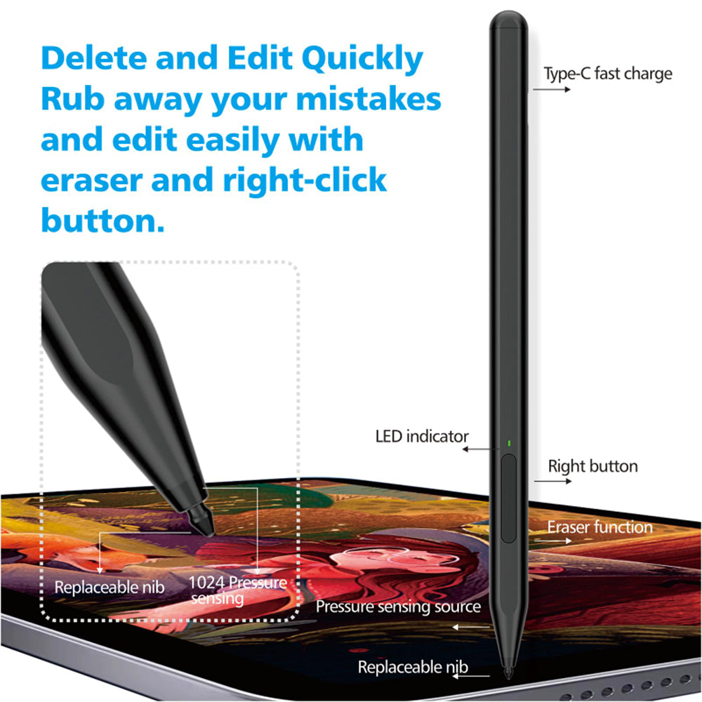 Stylus Techsuit Stylus Pen (F97), for Microsoft Surface, Active, Type-C, Palm Rejection, Side Adsorption, 90mAh, 5V, 0.2A, Negru