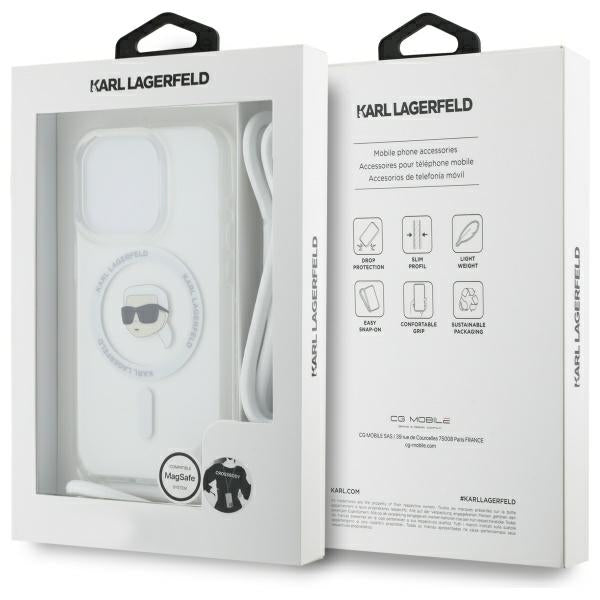 Husa de protectie Karl Lagerfeld IML Crossbody MagSafe (KLHMP16LHCKHNT) compatibil cu iPhone 16 Pro, Transparent Karl Head