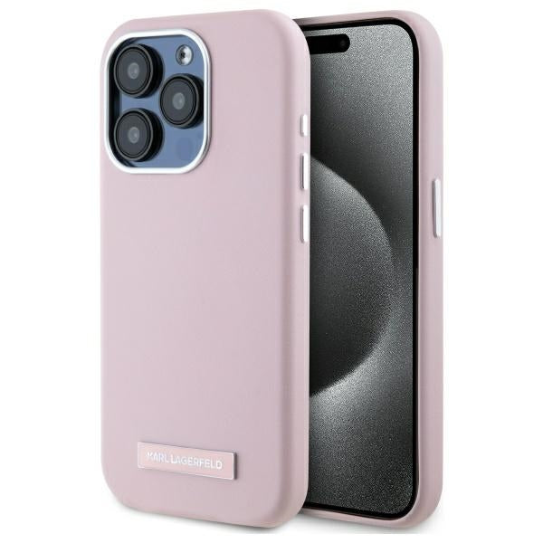 Husa de protectie Karl Lagerfeld Leather MagSafe (KLHMP15XPGMSRPP) compatibil cu iPhone 15 Pro Max, Roz Fw Metal Plate