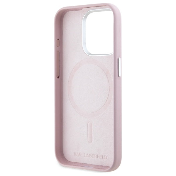 Husa de protectie Karl Lagerfeld Leather MagSafe (KLHMP15XPGMSRPP) compatibil cu iPhone 15 Pro Max, Roz Fw Metal Plate