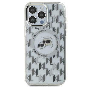 Husa de protectie Karl Lagerfeld IML MagSafe (KLHMP15SHMCKMHT) compatibil cu iPhone 15, Transparent Monogram Karl&Choupette Head