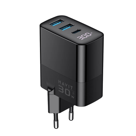 Incarcator Havit (UCLE001 EU), 2x USB, Type-C, 30W, GaN Technology, Negru