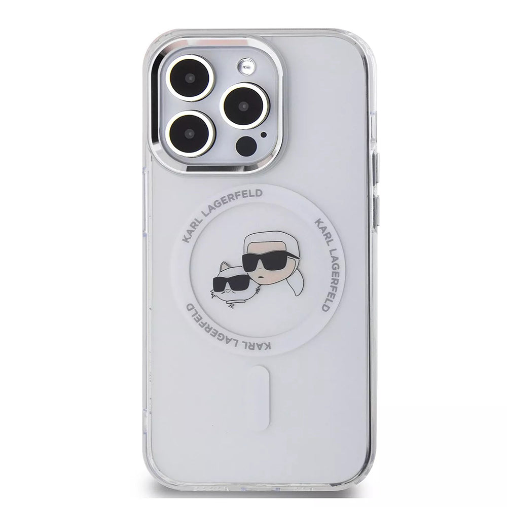 Husa de protectie Karl Lagerfeld IML MagSafe (KLHMP15LHLSKCH) compatibil cu iPhone 15 Pro, Alb Metal Karl&Choupette Head