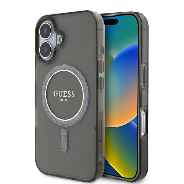 Husa de protectie Guess IML Glitter Circle MagSafe (GUHMP16MHFGEREK) compatibil cu iPhone 16 Plus, Negru
