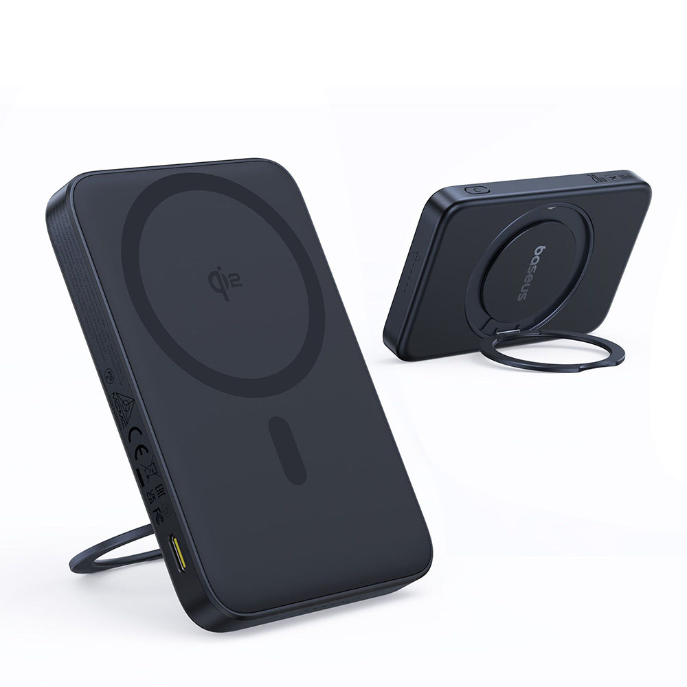 Baterie externa Baseus PicoGo (P10076802123-00), Type-C, Qi2, Fast Charging, 20W, 5000mAh, Rotable Stand, Cable Type-C, Negru
