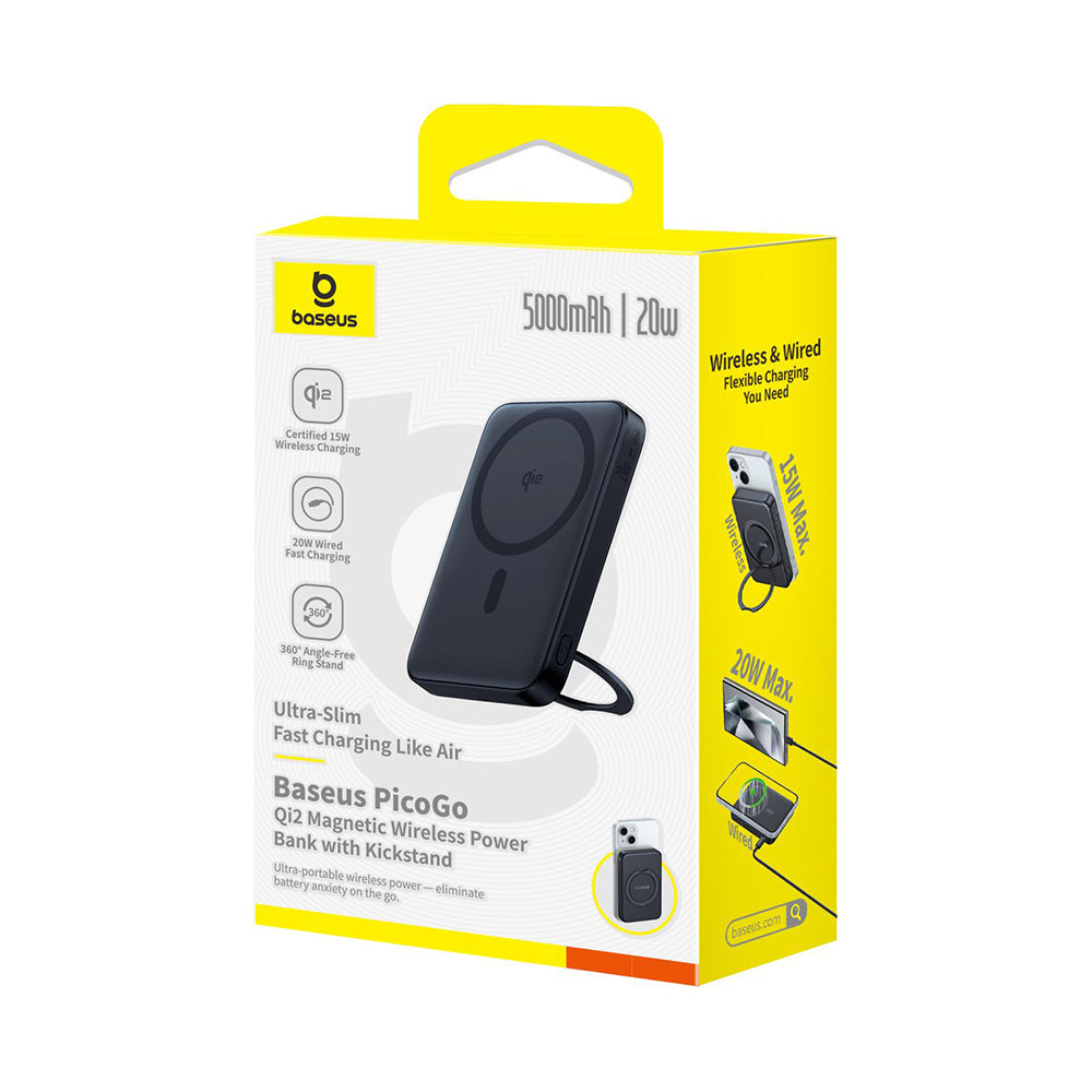 Baterie externa Baseus PicoGo (P10076802123-00), Type-C, Qi2, Fast Charging, 20W, 5000mAh, Rotable Stand, Cable Type-C, Negru