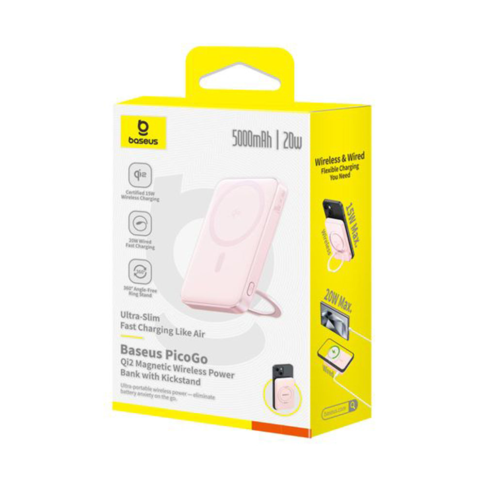 Baterie externa Baseus PicoGo (P10076800413-00), Type-C, Qi2, Fast Charging, 20W, 5000mAh, Rotable Stand, Cable Type-C, Roz