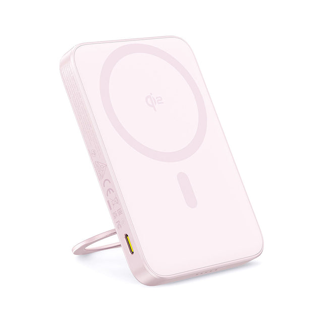Baterie externa Baseus PicoGo (P10076800413-00), Type-C, Qi2, Fast Charging, 20W, 5000mAh, Rotable Stand, Cable Type-C, Roz
