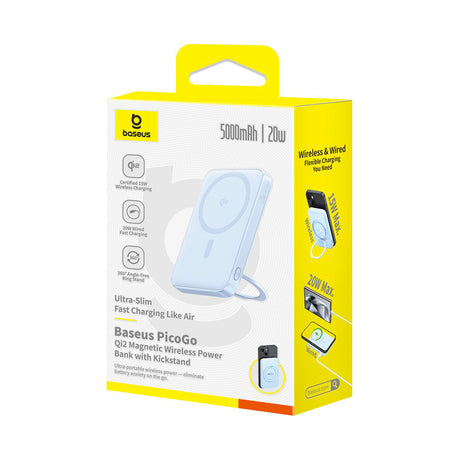 Baterie externa Baseus PicoGo (P10076800313-00), Type-C, Qi2, Fast Charging, 20W, 5000mAh, Rotable Stand, Cable Type-C, Albastru