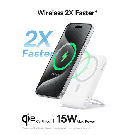 Baterie externa Baseus PicoGo (P10076800213-01), Type-C, Qi2, Fast Charging, 20W, 5000mAh, Rotable Stand, Cable Type-C, Alb