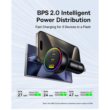 Incarcator Baseus Car (C00036101111-00), 2x USB-C, USB, 152.5W, Fast Charging, RGB Ambient Light, USB-C Cable, Cluster Black