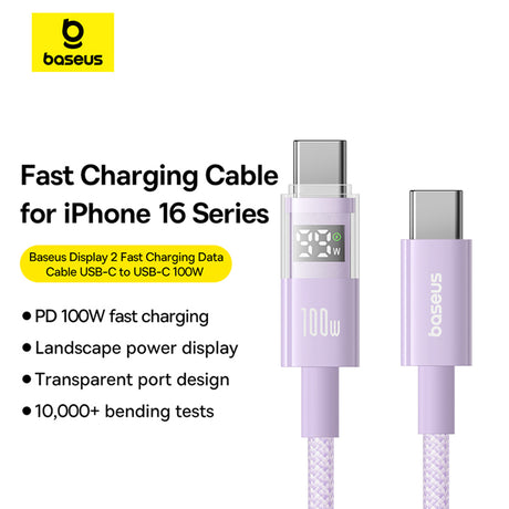 Cablu Baseus Display 2 (P10382702511-01), Fast Charging, Type-C to Type-C, Digital Display, 100W, 2m, Nebula Purple