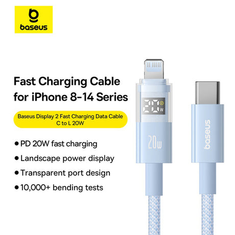 Cablu Baseus Display 2 (P10382703311-00), Fast Charging, Type-C to Lightning, Digital Display, 20W, 1m, Galaxy Blue