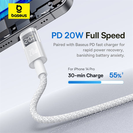 Cablu Baseus Display 2 (P10382703211-00), Fast Charging, Type-C to Lightning, Digital Display, 20W, 1m, Moon White