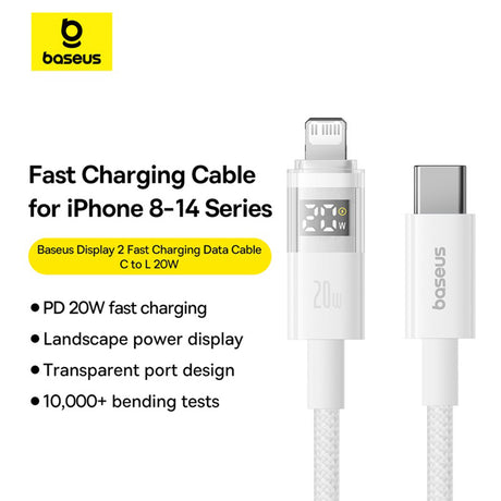 Cablu Baseus Display 2 (P10382703211-00), Fast Charging, Type-C to Lightning, Digital Display, 20W, 1m, Moon White