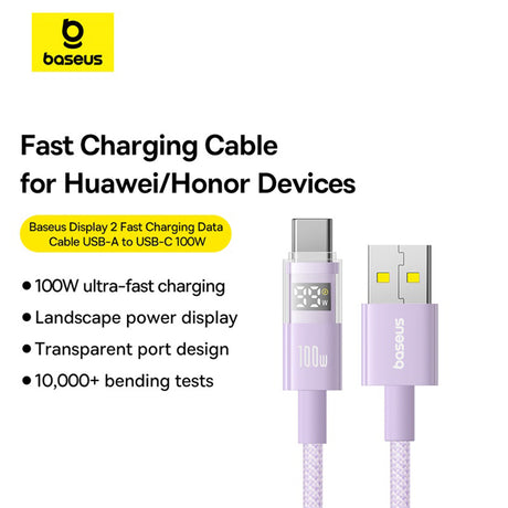 Cablu Baseus Display 2 (P10382701511-01), Fast Charging, USB to Type-C, Digital Display, 100W, 2m, Nebula Purple