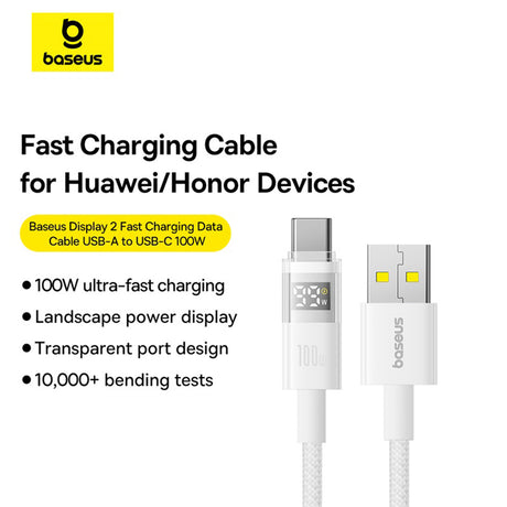 Cablu Baseus Display 2 (P10382701211-01), Fast Charging, USB to Type-C, Digital Display, 100W, 2m, Moon White