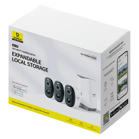 Baseus Outdoor Camera Security N1 (S0TW012131), 2K, 16GB, 3 Camera Kit, Two-way Talk, Night Vision, IP67, 7.800mAh, Alb