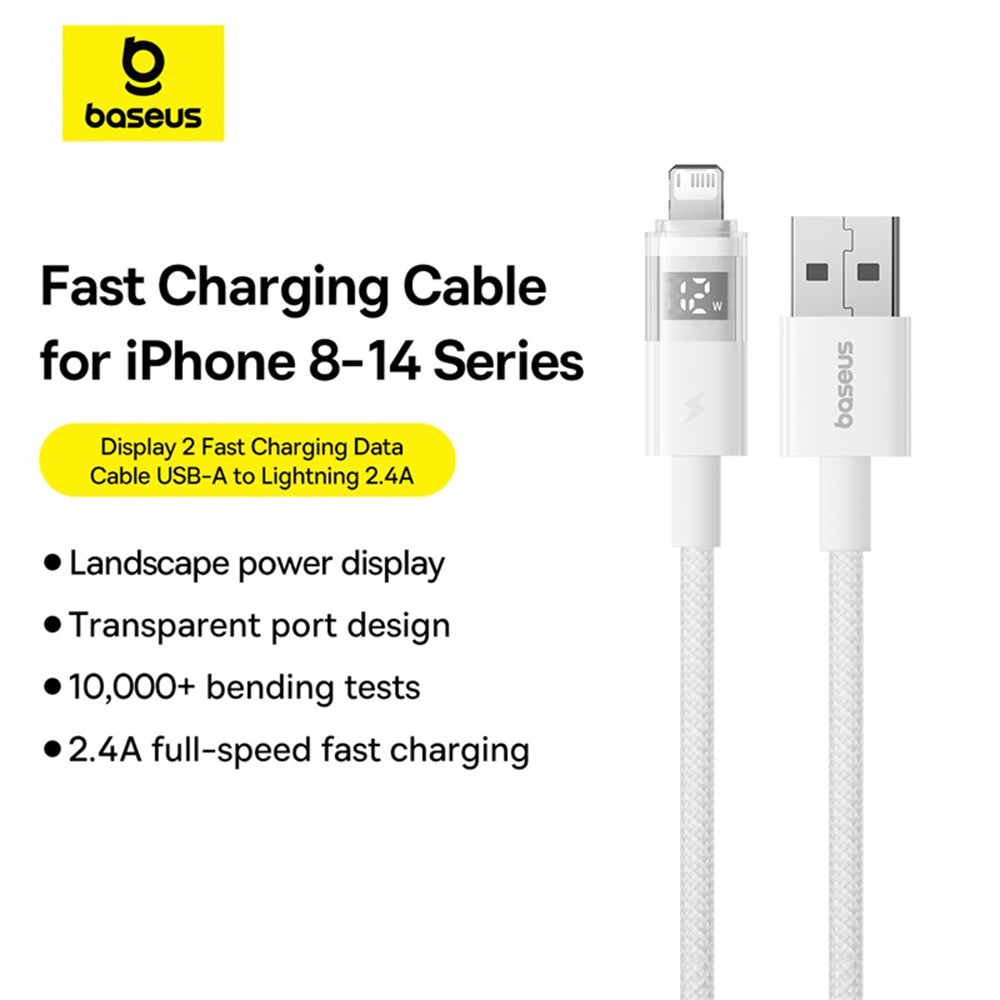 Cablu Baseus Display 2 (P10382700211-00), USB to Lightning, Fast Charging, Digital Display, 2.4A, 1m, Moon White