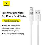 Cablu Baseus Display 2 (P10382700211-00), USB to Lightning, Fast Charging, Digital Display, 2.4A, 1m, Moon White