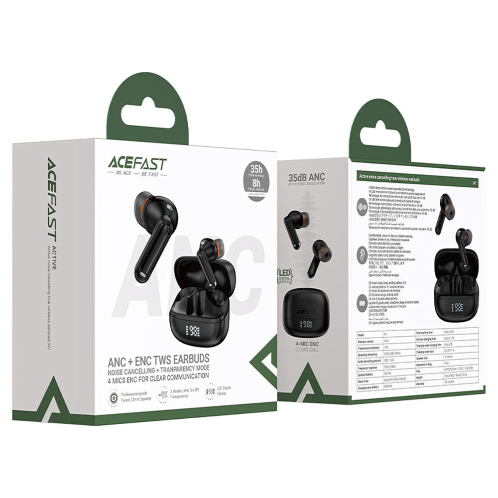 Casti Acefast (W1), Type-C, TWS, Bluetooth 5.4, Call Noise Reduction, IPX4, LED Digital Display, Negru